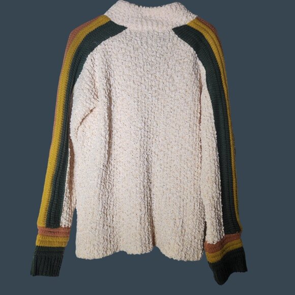 Vintage Inspired Retro Cream Half Zip Sweater Popcorn Multicolor Striped Sleeves - Picture 2 of 4